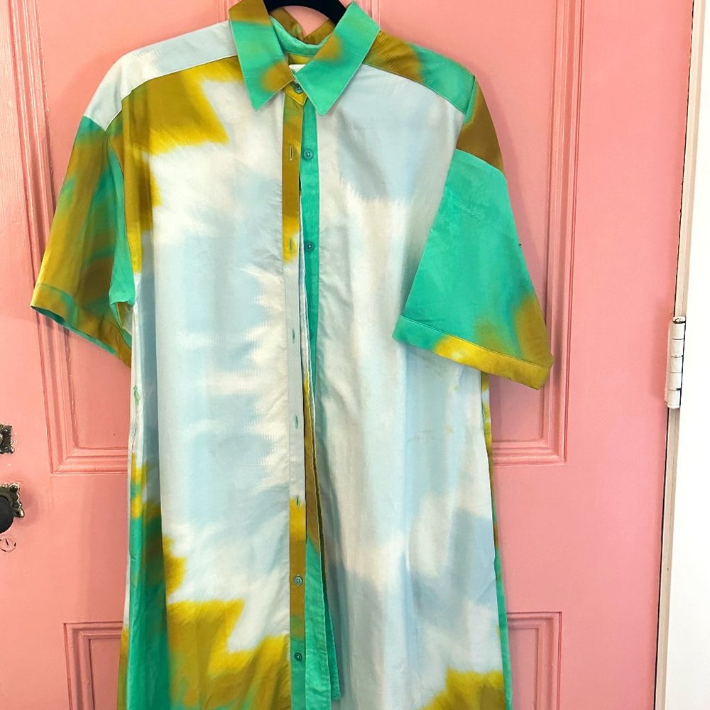 Tucker NYC safari shirtdress-seafoam chartreuse tie dye Oxford cotton sz m 8/10